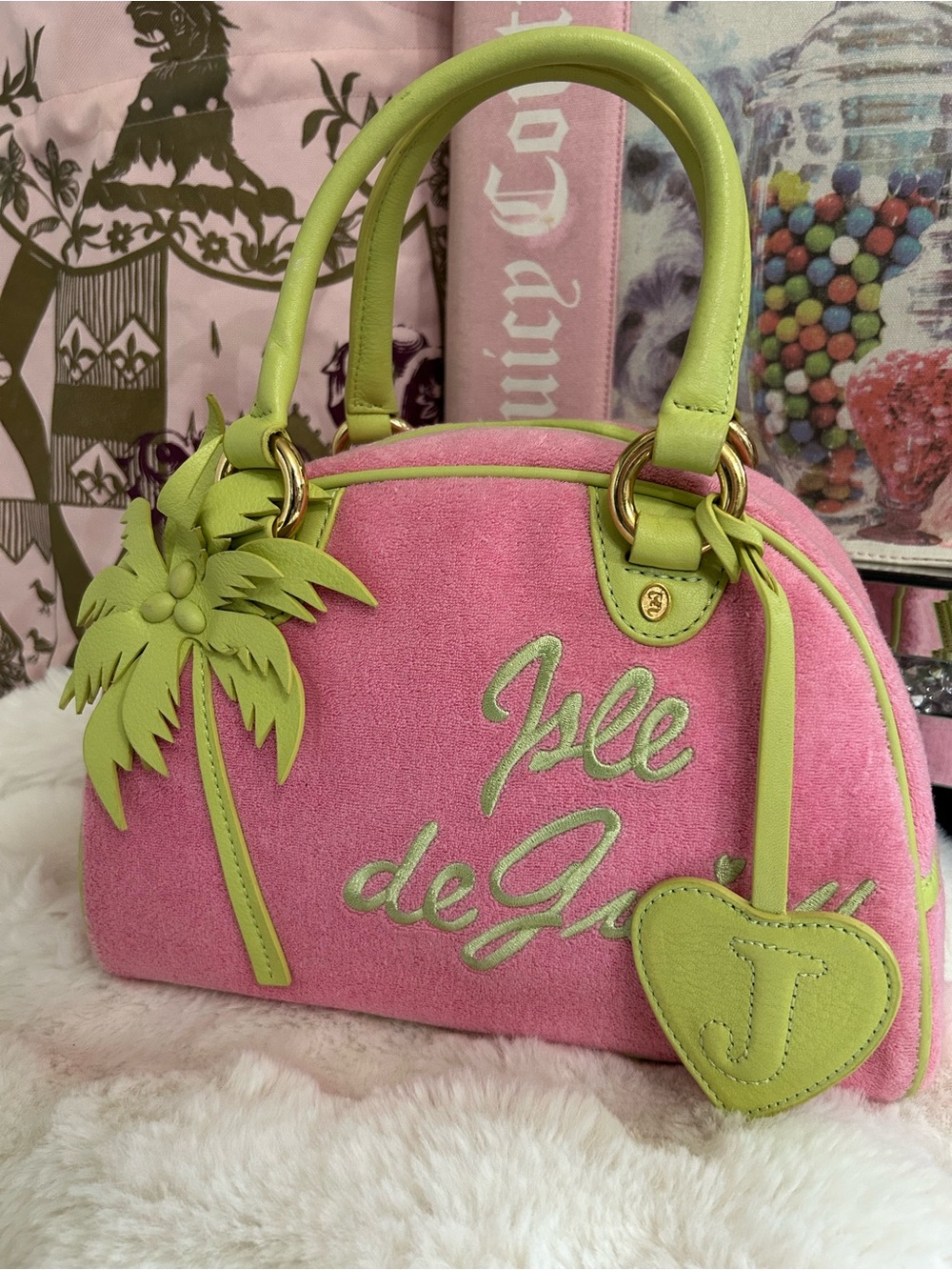 Rare Vintage 2005 Juicy Couture Pink Terry Green Leather Isle De Juicy Bowler